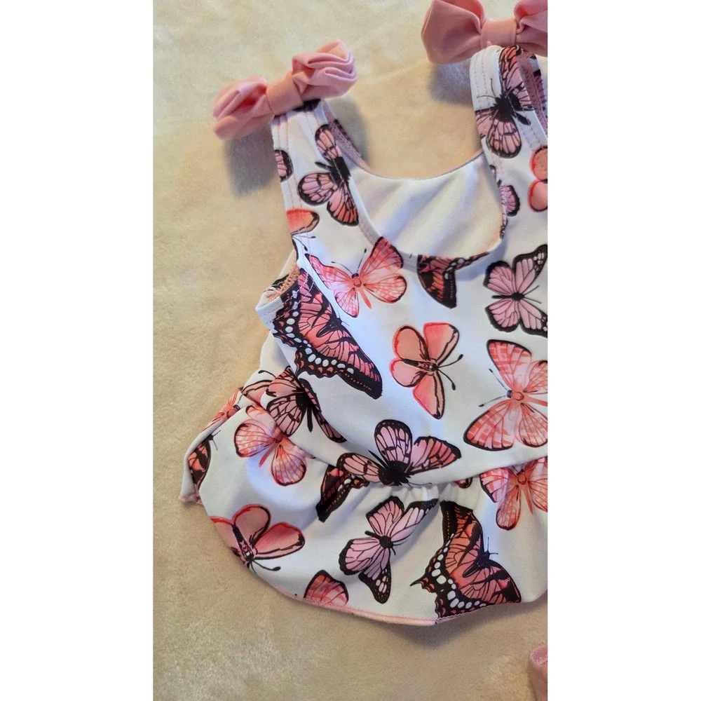 Baby Girl Butterfly Swimsuit Set 3-6M 3pc Bikini‎ Hat Pink Ruffle Swim Outfit